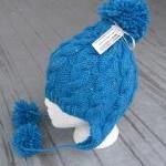 Cabled Hand Knit Earflap Adult Hat, Turquoise Blue..