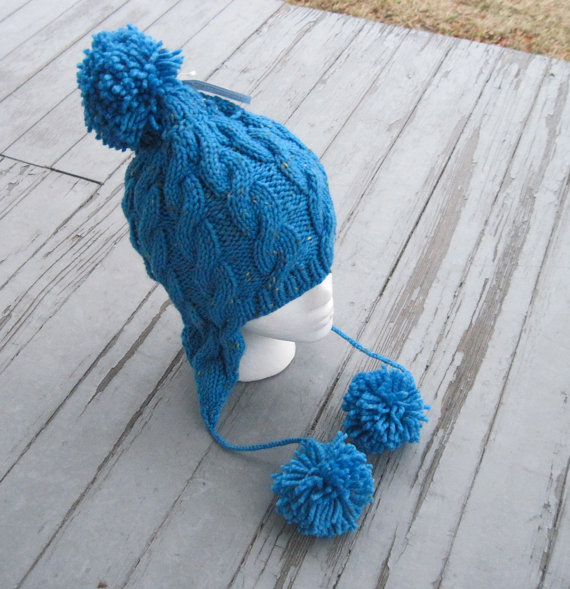 Cabled Hand Knit Earflap Adult Hat, Turquoise Blue Tweed Wool